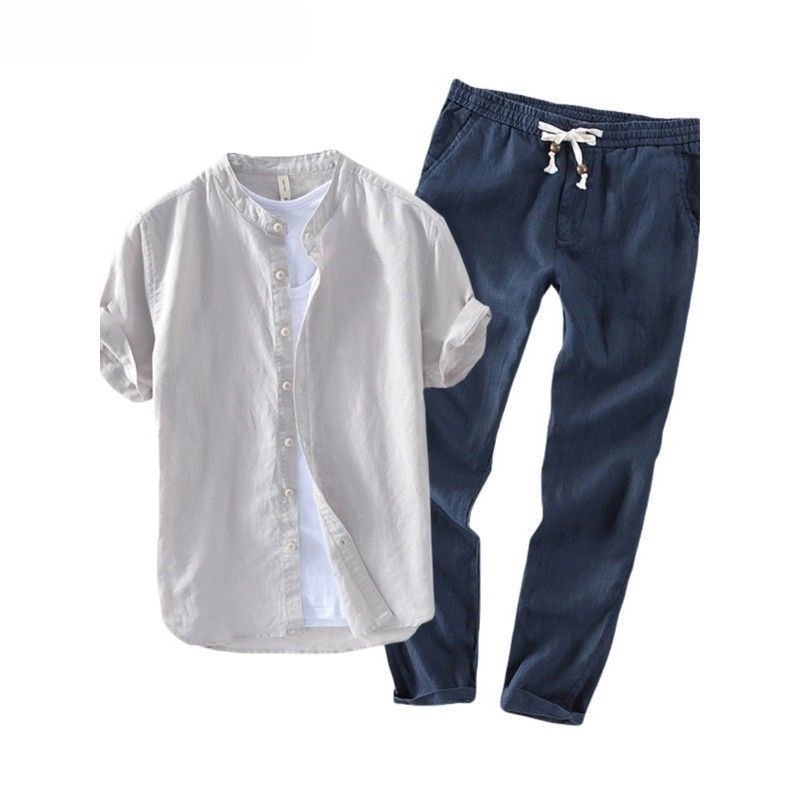 Linen Shirt Breathable - Męski lniany zestaw: koszula z krótkim