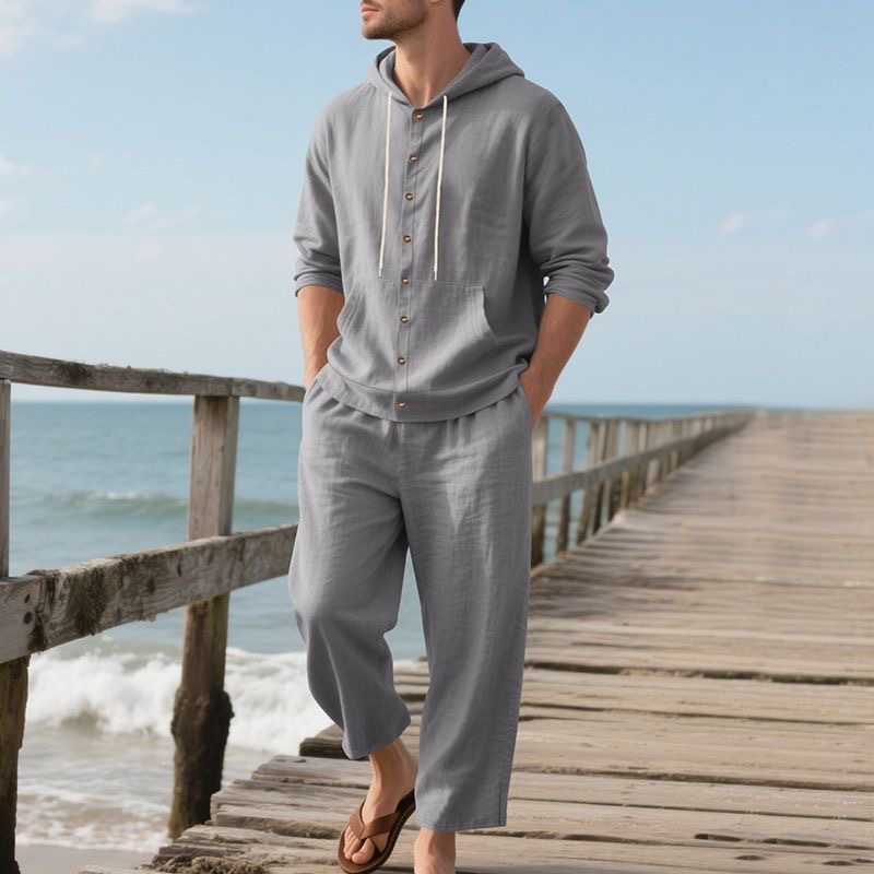 Męski lniany zestaw plażowy, l – Linen Shirt Breathable recenzja i cena